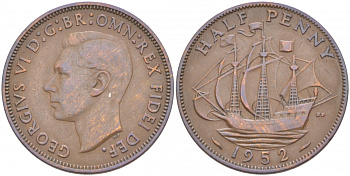 Великобритания 1/2 пенни 1952 Георг VI (1936-1952) KM 868, Spink 4118 бронза 68-125