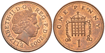 Великобритания 1 пенни 2005 Елизавета II (1952-2022) KM 986, Spink 4710 (B5) сталь плакированная медью 4609-624