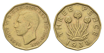Великобритания 3 пенса 1938 Георг VI (1936-1952) KM 849, Spink 4112 никель латунь 4121-441