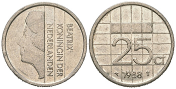 Нидерланды 25 центов 1988 Беатрикс (1980-2013) KM 204 никель 4621-451