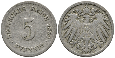 ГЕРМАНИЯ 5 ПФЕННИГОВ 1893 D KM 11, J. 12 медно-никель 39-653