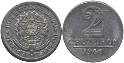 Бразилия 2 крузейро 1960 KM 571 алюминий 4577-934