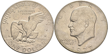 США 1 доллар 1977 Президент Эйзенхауэр, лунный орел KM А203 медь плакированная медно-никелем 4558-115