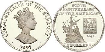 Багамские острова 5 долларов 1991 500 лет открытия Америки, корабли KM 140 серебро PROOF 06-245-33