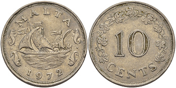 Мальта 10 центов 1972 баржа Великого магистра KM 11 медно-никель 82-342