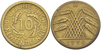ГЕРМАНИЯ 10 РЕНТЕНПФЕННИГОВ 1924 A KM 33, J.309, Weege 8 алюминиевая бронза 202-237