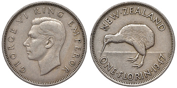 Новая Зеландия 1 флорин 1947 птичка киви, Георг VI, год тип KM 10.2а медно-никель 4117-435
