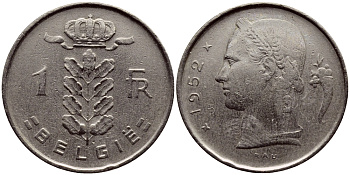 Бельгия 1 франк 1952 Belgie, Бодуэн I (1951-1993) KM 143.1 медно-никель 4390-1221