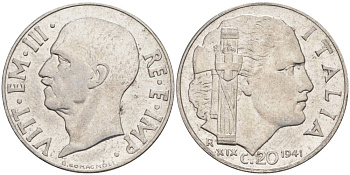ИТАЛИЯ 20 ЧЕНТЕЗИМО 1941 R, ГОД XIX, ВИКТОР ЭММАНУИЛ III (1900-1946) KM 75b, VEM3. 1028 нержавеющая сталь 3853-945