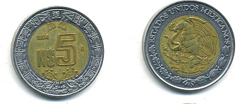 МЕКСИКА 5 ПЕСО 1994 биметалл 4-635