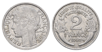 Франция 2 франка 1959 KM 886a.1, Le Franc 269.19 алюминий 4118-512