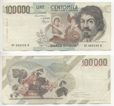 Италия 100000 лир 1983 Караваджо, фруктовый букет, подпись Speziali Pick 110b бумага 7220-19-3