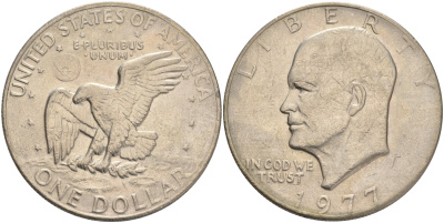 США 1 доллар 1977 Президент Эйзенхауэр, лунный орел KM А203 медь плакированная медно-никелем 4558-115