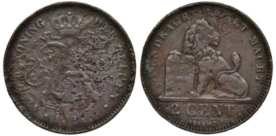 БЕЛЬГИЯ 2 САНТИМА 1911 BELGEN, АЛЬБЕРТ I (1909-1934) KM 65 медь 27-851