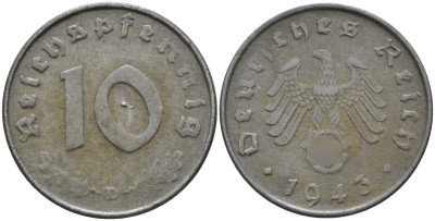 Германия 10 рейхспфеннигов 1943 D KM 101, J.371 цинк 4151-245