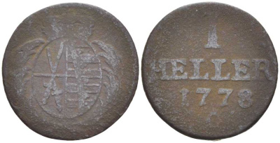 САКСОНИЯ 1 ГЕЛЛЕР 1778 С, ФРИДРИХ АВГУСТ III (1763-1806) KM 1002.1 (С90.1) медь 206-341