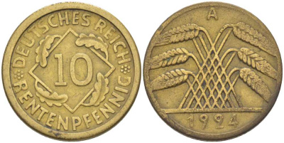 ГЕРМАНИЯ 10 РЕНТЕНПФЕННИГОВ 1924 A KM 33, J.309, Weege 8 алюминиевая бронза 202-237