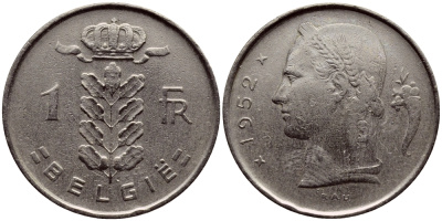 Бельгия 1 франк 1952 Belgie, Бодуэн I (1951-1993) KM 143.1 медно-никель 4390-1221
