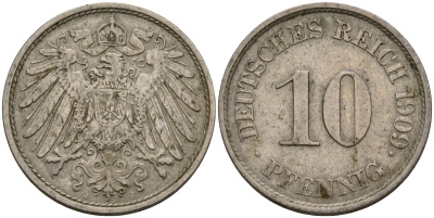 Германия 10 пфеннигов 1909 J KM 12, J. 13 медно-никель 4539-755