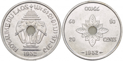 Лаос 20 центов 1952 король Сисаванг Вонг (1904-1959), слоны KM 5 алюминий 4545-515