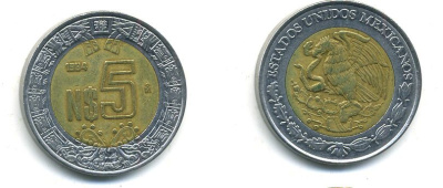 МЕКСИКА 5 ПЕСО 1994 биметалл 4-635