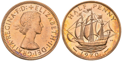 Великобритания 1/2 пенни 1970 Елизавета II (1952-2022) KM 896, Spink 4158 бронза PROOF 4163-1222