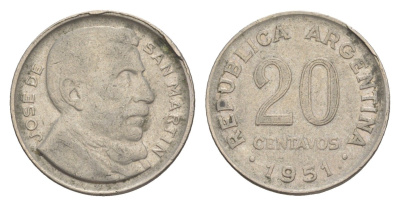 Аргентина 20 сентаво 1951 KM 48 медно-никель 4617-928