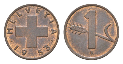 Швейцария 1 раппен 1953 B KM 46 бронза aUNC 4630-527