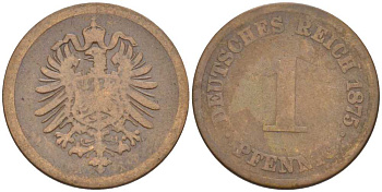 ГЕРМАНИЯ 1 ПФЕННИГ 1875 A, СТАРОГЕРБОВКА KM 1, J. 1, Weege 1 медь 206-1025