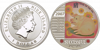Ниуэ 1 доллар 2007 год Свиньи, успешный, цветная эмаль KM NEW серебро PROOF 1066-4-22