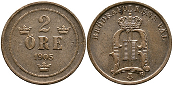 Швеция 2 эре 1905 Оскар II (1872-1907) король Швеции и Норвегии KM 746 бронза 54-1755