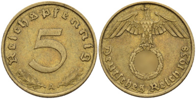 Германия 5 рейхспфеннигов 1938 A KM 91, J. 363 алюминиевая бронза 4151-812