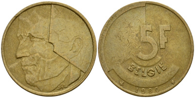 Бельгия 5 франков 1986 Belgie, Бодуэн I (1951-1993) KM 164 алюминиевая бронза 4601-247