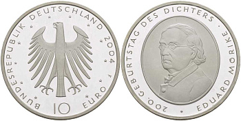 ФРГ 10 евро 2004 F, 200 лет со дня рождения Эдуарда Мёрике KM 233, DE.S. 10.16 серебро PROOF 413-6531