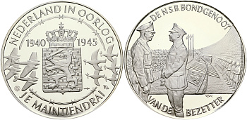 Нидерланды медаль ND Голландия в войне 1940-1945, союзники и захватчики, 31,3 гр, 45,0 мм  серебро  PROOF  1066-10-14