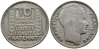 Франция 10 франков 1932 Пьер Тюрен KM 878, Le Franc 360.5 серебро 79-1535