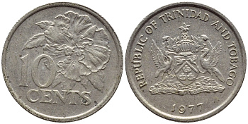 Тринидад и Тобаго 10 центов 1977 цветок гибискуса KM 31 медно-никель 4396-855