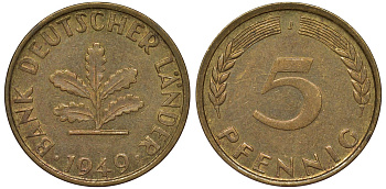 ФРГ 5 пфеннигов 1949 J KM 102 сталь плакированная бронзой 4164-256