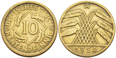 ГЕРМАНИЯ 10 РЕНТЕНПФЕННИГОВ 1924 А KM 33, J. 309 алюминиевая бронза 4401-347