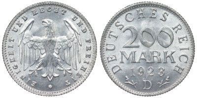 Германия 200 марок 1923 D KM 35, J. 304, Weege 22 алюминий 4121-235