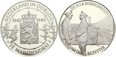 Нидерланды медаль ND Голландия в войне 1940-1945, союзники и захватчики, 31,3 гр, 45,0 мм  серебро  PROOF  1066-10-14