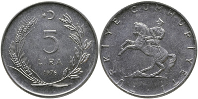 Турция 5 лир 1976 Кемаль Ататюрк KM 905 нержавеющая сталь 29-143
