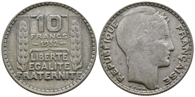 Франция 10 франков 1932 Пьер Тюрен KM 878, Le Franc 360.5 серебро 79-1535