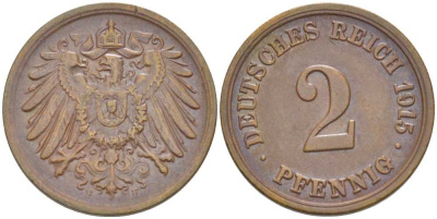 ГЕРМАНИЯ 2 ПФЕННИГА 1915 F KM 16, J. 11, Weege 4 медь 206-652