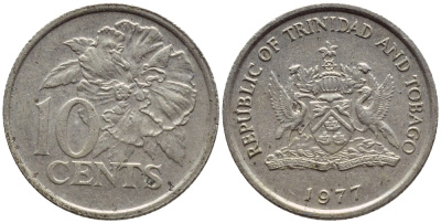 Тринидад и Тобаго 10 центов 1977 цветок гибискуса KM 31 медно-никель 4396-855