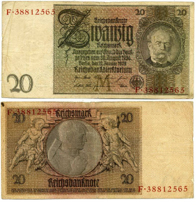 ГЕРМАНИЯ 20 РЕЙХСМАРОК 1929 Pick 181a бумага 3295-81-2