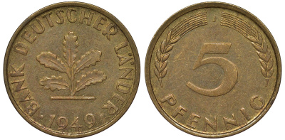 ФРГ 5 пфеннигов 1949 J KM 102 сталь плакированная бронзой 4164-256