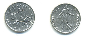 ФРАНЦИЯ 1/2 ФРАНКА 1969 KM 931.1 никель 25-832