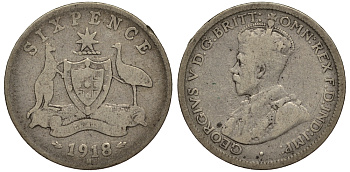 Австралия 6 пенсов 1918 Георг V (1910-1936), герб Австралии, редкий год KM 25 серебро 272-511