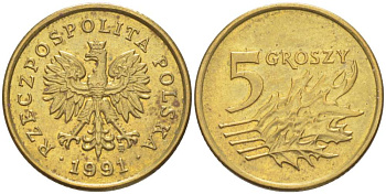 ПОЛЬША 5 ГРОШЕЙ 1991 MW KM 278 латунь 4516-741